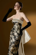 Gold & Black Floral Jacquard Strapless Bustier Column Gown with Bow for women, from IHF ATELIER, The Viet Concept