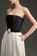 Black White Silk Crisscross Strapless A-Line Gown with Crystal Bloom for women, from IHF STUDIO, The Viet Concept 