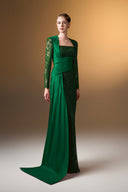 IHF ATELIER • Dark Red Guipure Lace Trapeze Neck Column Evening Gown