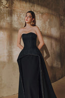 L' SCARLETT • Strapless Jacquard Crystal-Embellished Mullet Maxi Dress