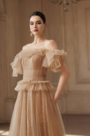 Venessa Off-Shoulder Mesh Gown in Cocoa Brown for women, from JOSEPHINE, The Viet Concept 