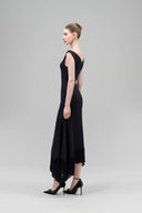 MAISON DES COPAINS • Black Amarae Mermaid V-Neck Crepe Calf Length Dress