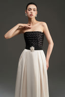 Black White Silk Crisscross Strapless A-Line Gown with Crystal Bloom for women, from IHF STUDIO, The Viet Concept 