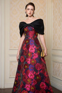 Noir Rosette Strapless A-Line Jacquard Evening Gown for women, from IHF ATELIER, The Viet Concept 