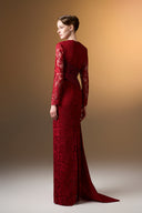 IHF ATELIER • Dark Red Guipure Lace Trapeze Neck Column Evening Gown