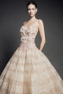 LINH PHUNG • Brilliant Champagne Floral Corset Tea-Length Ball Gown