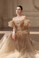 Venessa Off-Shoulder Mesh Gown in Cocoa Brown for women, from JOSEPHINE, The Viet Concept 
