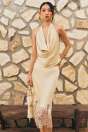 XITA • Ivory Silk Deep V Draped Neck Top