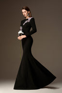 IHF ATELIER • Black Crystal Floral Embellished Crepe Mermaid Gown