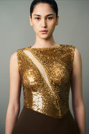 EEGEN STUDIO • Gold Sequin Bodice Floor Length Dress