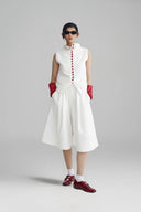 Ivory Boxy Cotton Blend Shirt with Red Button Accents & Cut-Out Detail for women, from CAOSTU, The Viet Concept