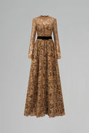 Brown Guipure Lace & Lyon Velvet A-Line Floor-Length Gown for women, from IHF ATELIER, The Viet Concept 