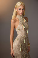 Tassel Embroidered Halter Mesh Maxi Dress for women, from KEIRA TONG, The Viet Concept 