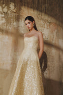 L' SCARLETT • Flared Sequin Spaghetti-Strap Midi Dress