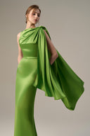 Satin Silk Asymmetric Pleated Tie Gown for women, from IHF ATELIER, The Viet Concept