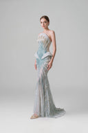 DO LONG • Silver Blue Strapless Beaded Mermaid Gown with Sculpted Peplum
