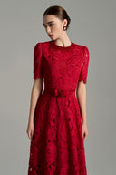 Red Lace A-Line Gown with Crystal Embroidered Neckline and Belt for women, from IHF STUDIO, The Viet Concept 