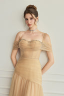 Aliora Crystal Embellished Gold Glitter Mesh Cape for women, from CALISTA, The Viet Concept