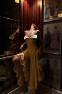 HUELLEY ROSE • Liane Golden Yellow Silk Organza Bow-Bodice A-Line Maxi Dress
