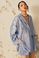 XITA • Azure Bode Embroidered Linen Striped Shorts