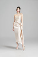 DO LONG • Beige Strapless Floral Appliqué Midi Dress