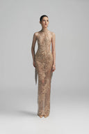 Beige Halter Glass Beaded Olivia Gown For Women, from DUONG ATELIER, The Viet Concept