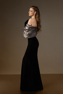 IHF ATELIER • One-Shoulder Crystal Bow Mermaid Gown in Black & Grey