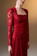 IHF ATELIER • Dark Red Guipure Lace Trapeze Neck Column Evening Gown