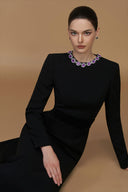 Black Round Neck Mermaid Crepe De Chine Evening Gown with Stones for women, from IHF ATELIER, The Viet Concept 