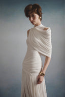 Poetry Draped Halter Pleated Midi Dress for women, from HA THANH VIET, The Viet Concept 