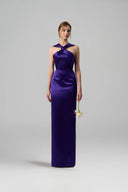 Purple Satin Silk Ruched V-Neck Tie Gown for women, from IHF ATELIER, The Viet Concept