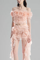 Baby Pink Off-Shoulder Cropped Top with 3D Floral Ruffled Layers for women, from Must have, The Viet Concept 