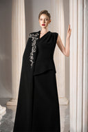 GVLUX • Noir Asymmetric Rococo Beaded Velvet Satin Evening Gown