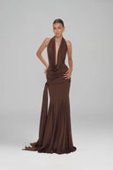 Brown Venus V Maxi Dress for women, from Pham Studio, The Viet Concept 