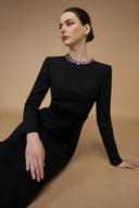 Black Round Neck Mermaid Crepe De Chine Evening Gown with Stones for women, from IHF ATELIER, The Viet Concept 