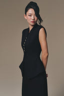 Black Linen Peplum Buttoned Waistcoat for women, from KEIRA TONG, The Viet Concept 