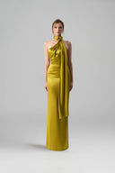 Satin Silk Asymmetrical Halter Gown With Cross Detail for women, from IHF ATELIER, The Viet Concept