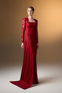 IHF ATELIER • Dark Red Guipure Lace Trapeze Neck Column Evening Gown