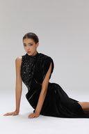 Wandering Noir Draped Lamé Cut-Out Midi Dress for women, from SORAMAME, The Viet Concept
