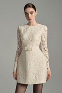 White Lace Puff Sleeve Mini Dress with Crystal Bow Belt for women, from IHF STUDIO, The Viet Concept 