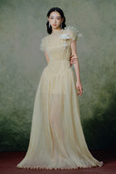 Goldenette Couture Asymmetric Pleated Chiffon A-Line Gown for women, from LINH PHUNG, The Viet Concept
