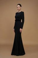 Black Round Neck Mermaid Crepe De Chine Evening Gown with Stones for women, from IHF ATELIER, The Viet Concept 