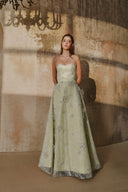 L' SCARLETT • Green Crystal-Embellished Glitter Lace A-Line Maxi Dress