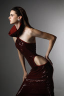 Burgundy Sequin Halter Neck Draped Cut-Out Evening Dress for women, from SORAMAME, The Viet Concept