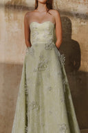 L' SCARLETT • Green Crystal-Embellished Glitter Lace A-Line Maxi Dress
