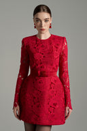 Crimson Crystal Bow Puff Sleeve Lace Mini Dress for women, from IHF STUDIO, The Viet Concept 