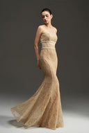 Floral Mesh Lace Strapless Pearl Crystal Mermaid Evening Gown for women, from IHF STUDIO, The Viet Concept 