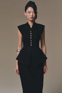 Black Linen Peplum Buttoned Waistcoat for women, from KEIRA TONG, The Viet Concept 