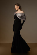 IHF ATELIER • One-Shoulder Crystal Bow Mermaid Gown in Black & Grey