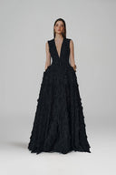 L' SCARLETT • Fringe Jacquard Layered Side-Panel V-Neck Maxi Dress